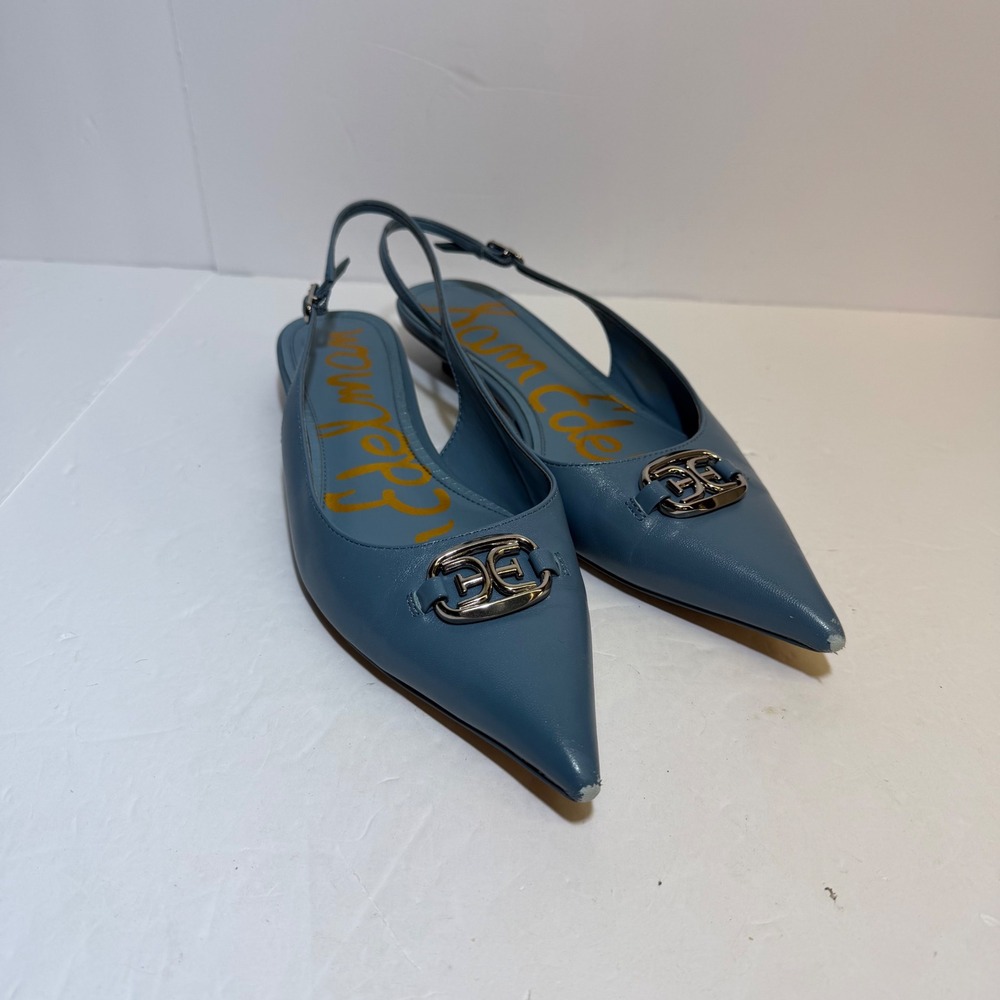 Sam Edelman Women Blue Leather Pointed Toe Slingback Kitten Heels Size 8